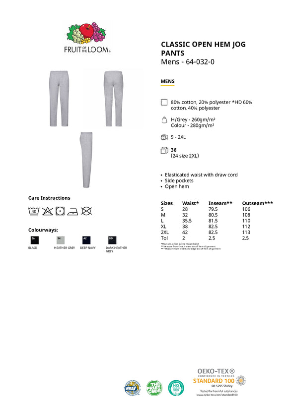 Joggingbukser - Fruit of the Loom - 'Classic' (Uden Elastik) - Grå