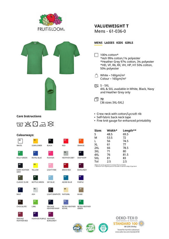T-Shirt - Fruit of the Loom - 'Valueweight T' - Mørkegrøn